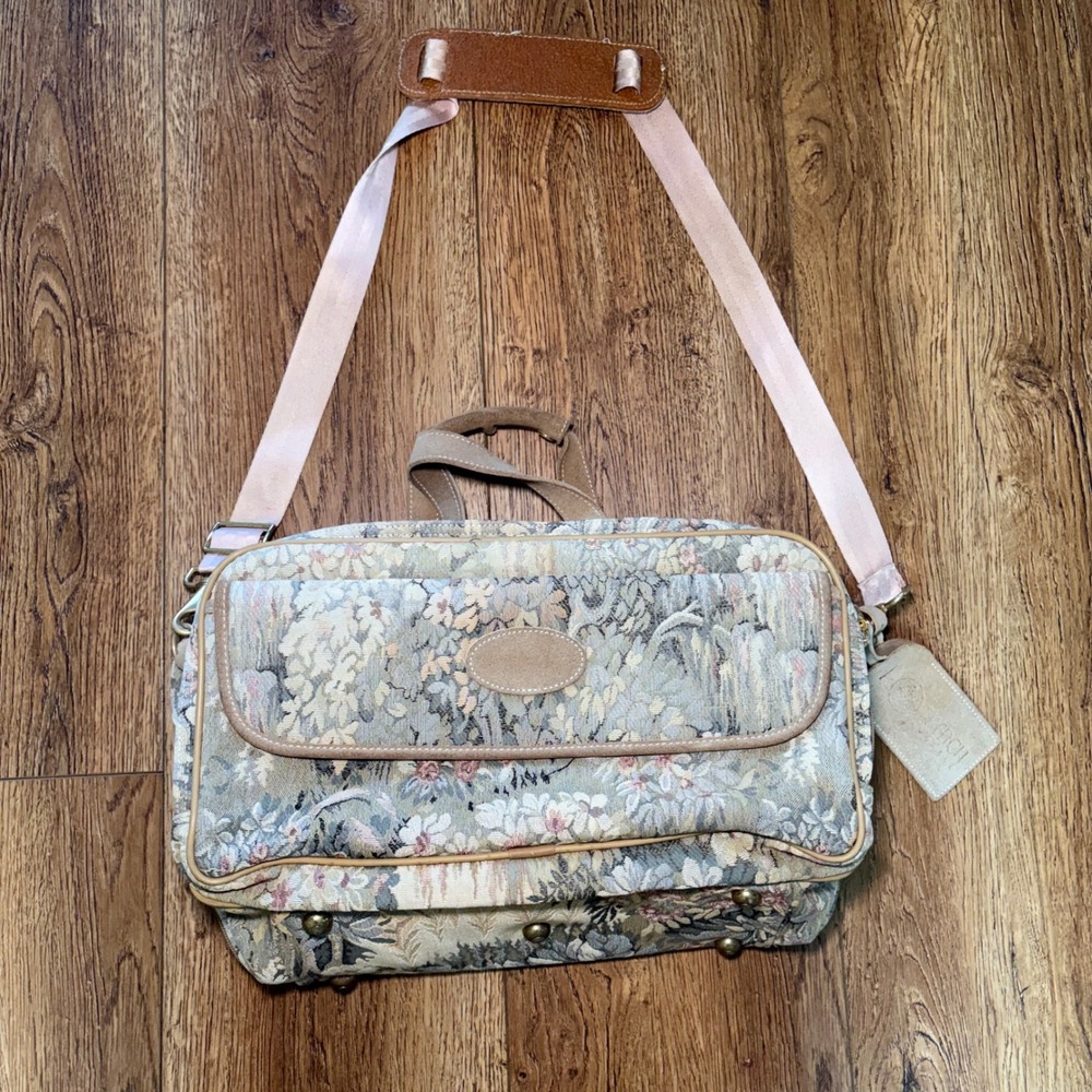 French Luggage Co Vintage Floral Tapestry Carry On Bag Travel Tote Made in USA